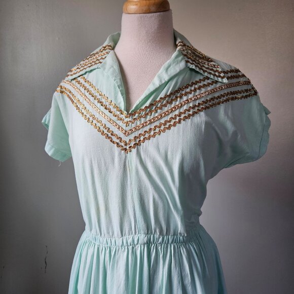 Vintage 50s 60s Blue Gold Patio Siesta Fiesta Squaw Southwestern Dress Medium - Picture 3 of 10